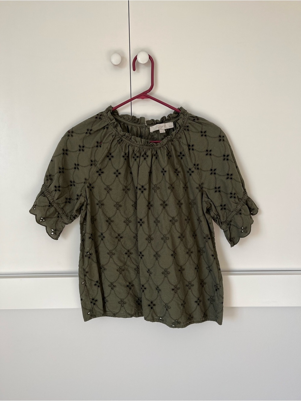 LOFT Olive Eyelet Ruffle Neck Blouse